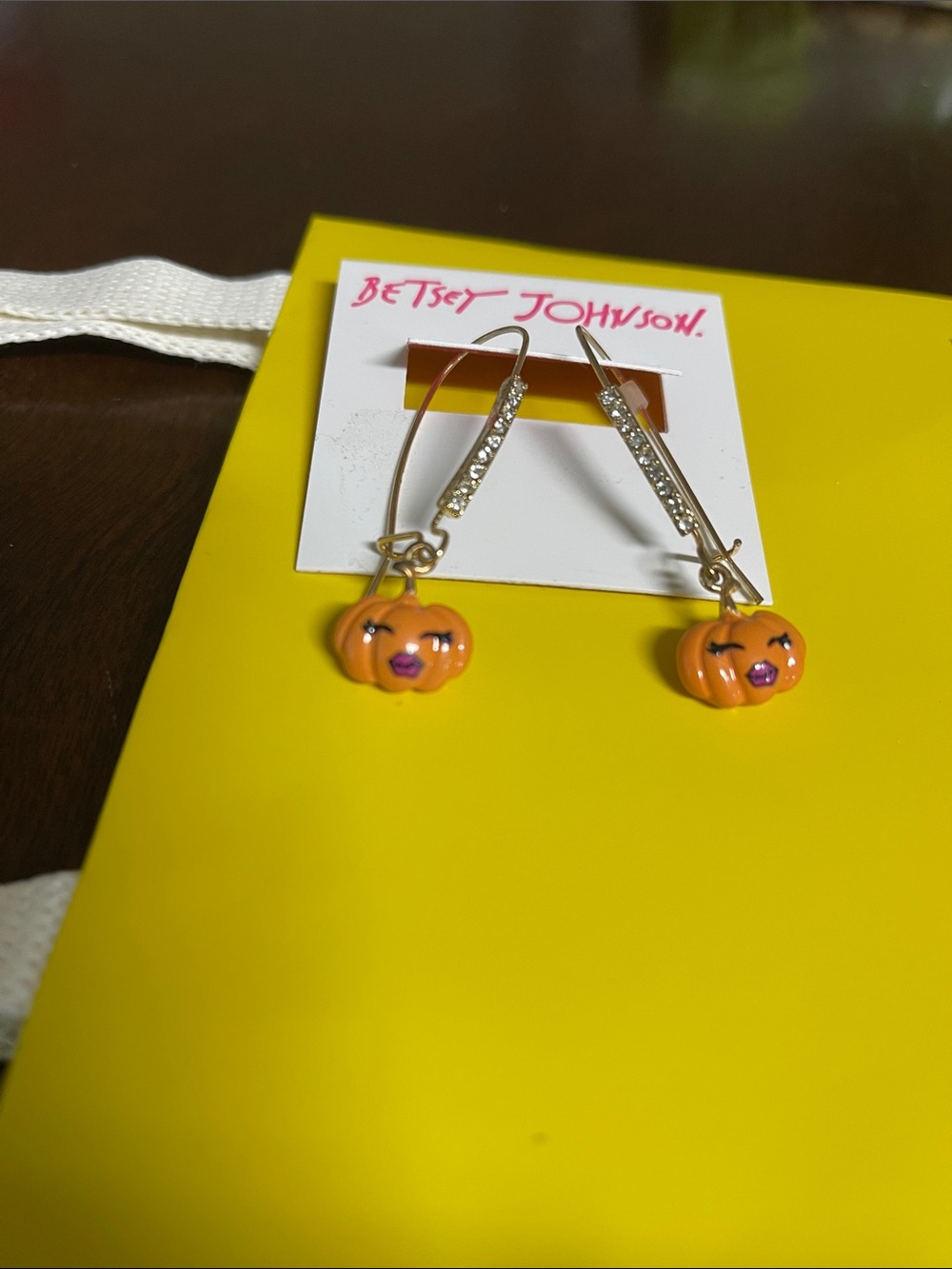 Betsey Johnson Orange Pumpkin Charm Drop Earrings with Crystal Bars
